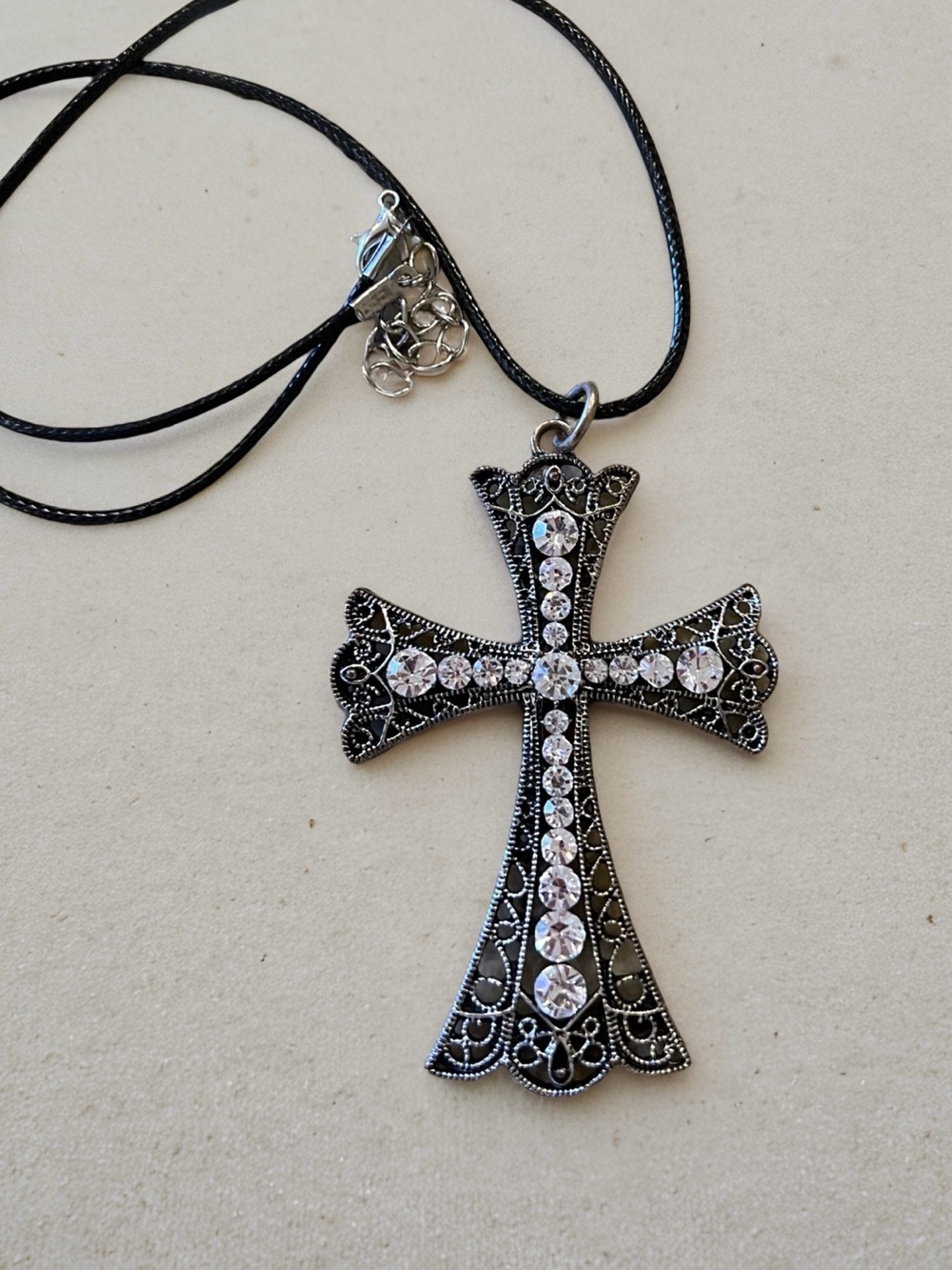 Vintage 80’s Decorative Cross Pendant Necklace - Black Cord, Silver Accent